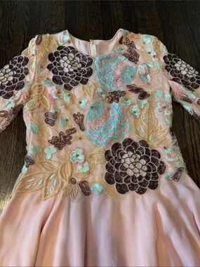 Naeem Kahn Gown Beaded Embroided Top Bodice with Flowy Light Pink Bottom